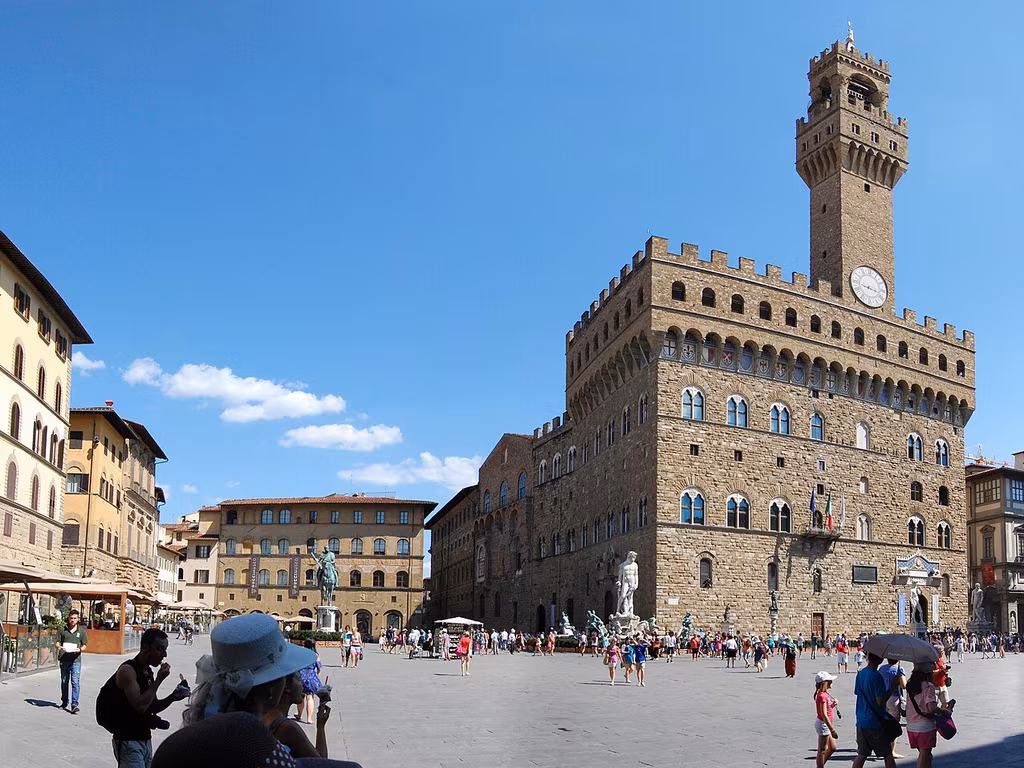 Palazzo Vecchio rising above Piazza della Signoria in Florence