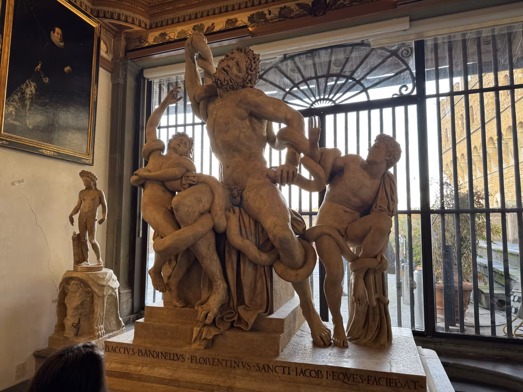 The Laocoön sculpture group displayed inside the Uffizi Gallery
