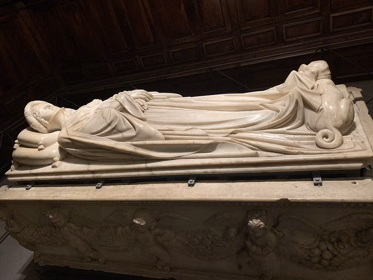 The marble tomb of Ilaria del Carretto by Jacopo della Quercia, with Ilaria asleep and a dog at her feet