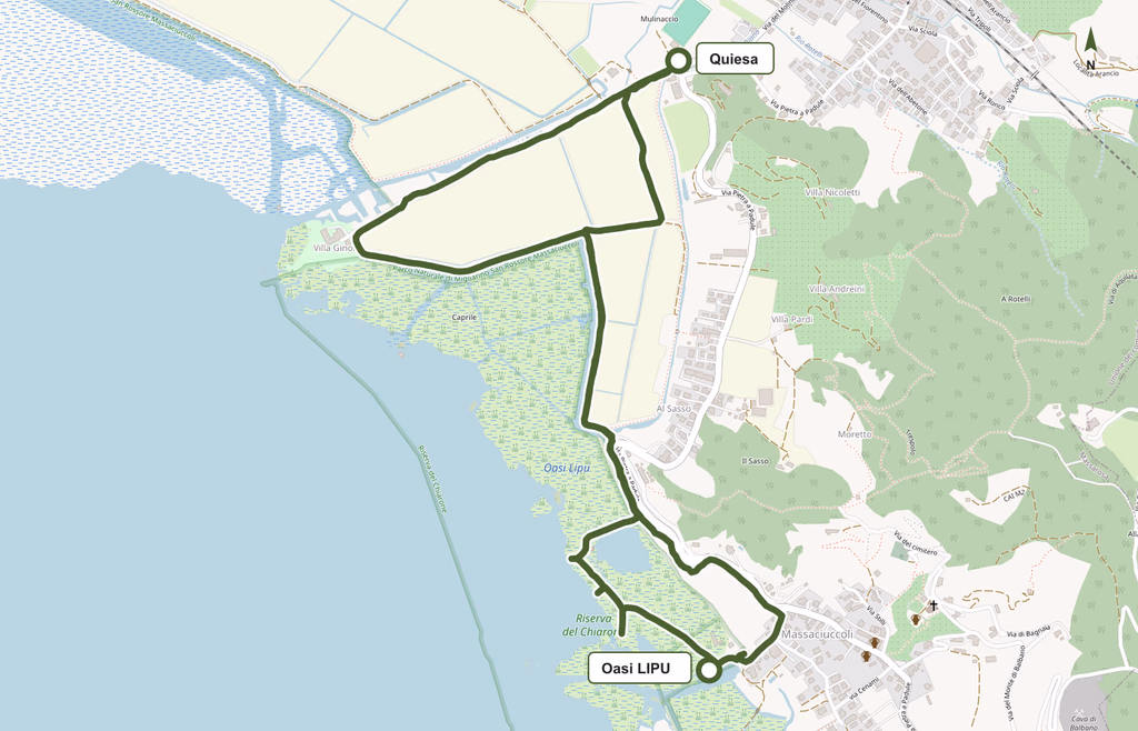 Map of the circular walking route from Quiesa to the Oasi LIPU at Lake Massaciuccoli