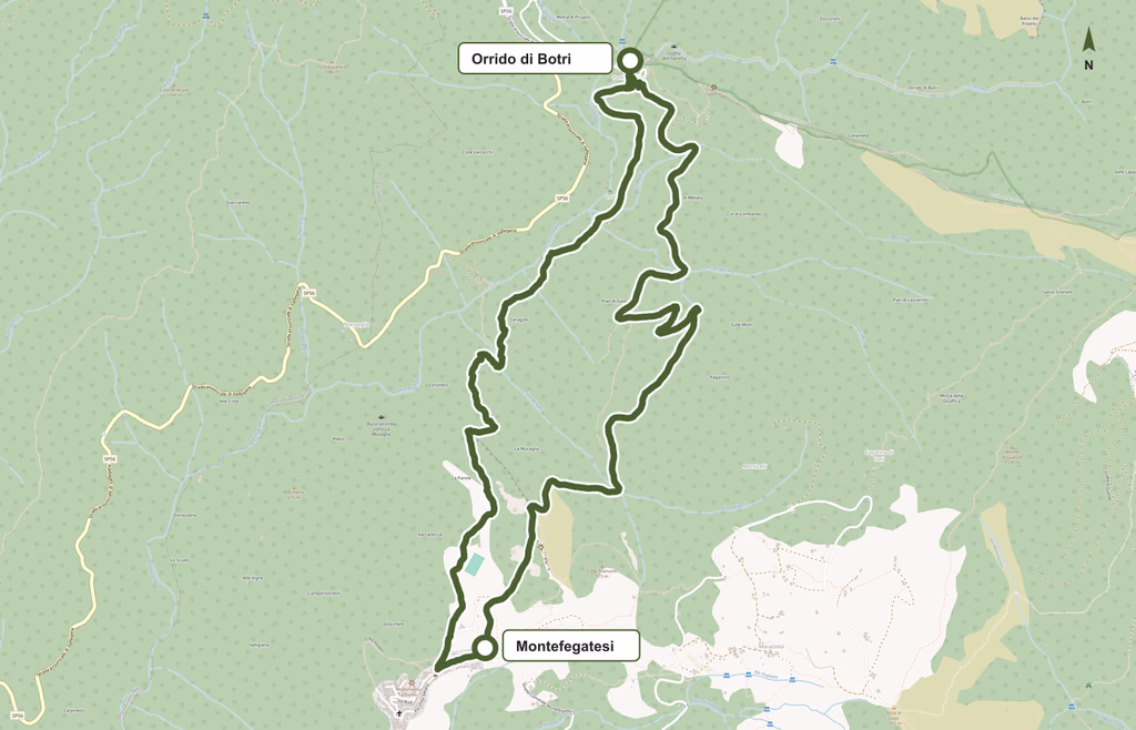 Map of the route from Montefegatesi into Orrido di Botri and back