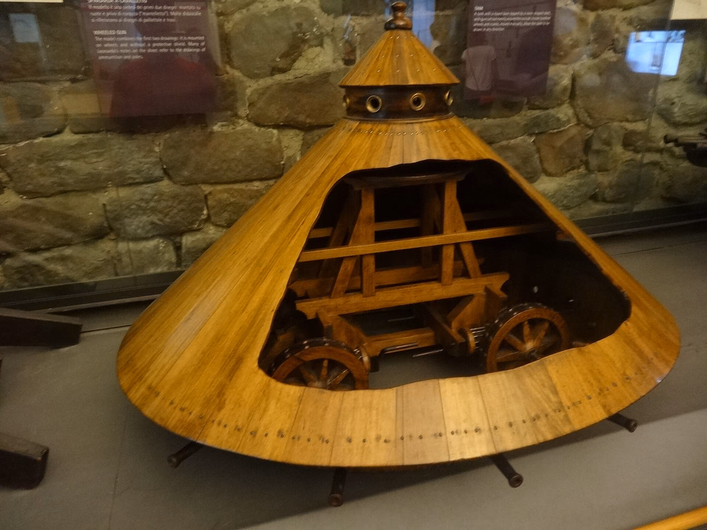 A wooden model of Leonardo da Vinci’s armoured vehicle inside the Museo Leonardiano