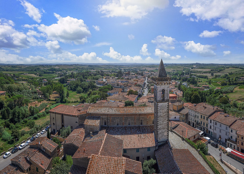 Terracotta roofs and green Montalbano hills seen from the castle tower in Vinci